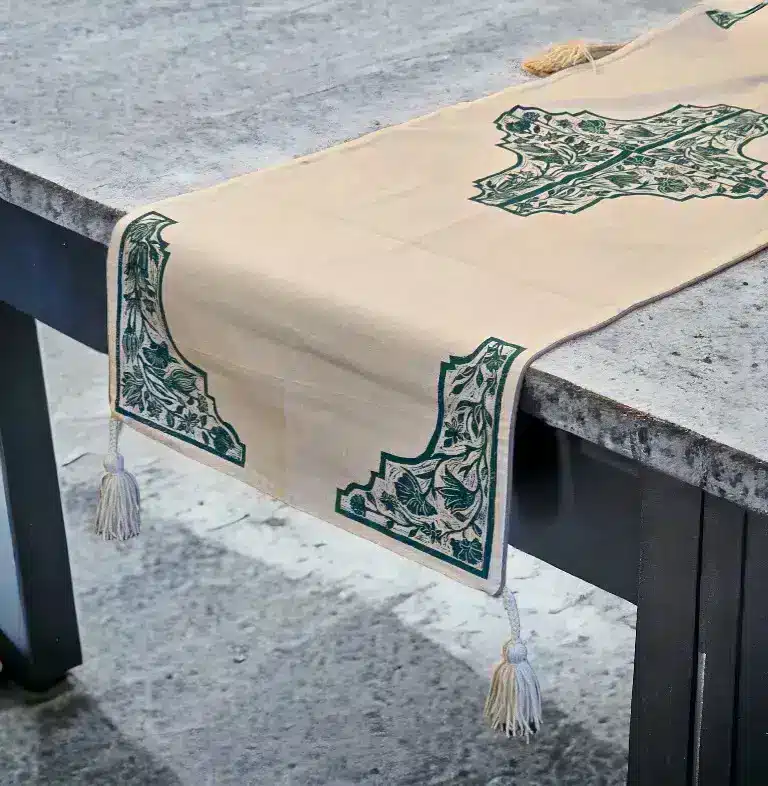 Handmade Table Runner with Persian design. Green Mikhak Table Runner