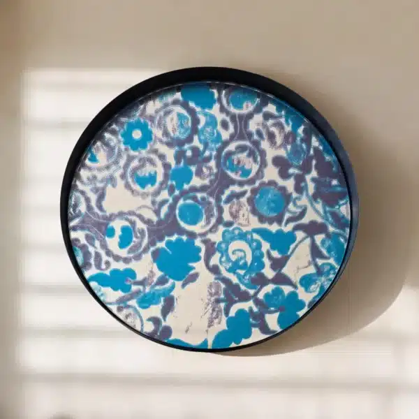 Blue Circle Mirror with metal work- mirror Tray